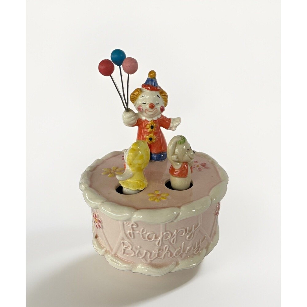 Enesco VTG Action Happy Birthday Clown Animals Music Box Plays Spins 1980 RARE